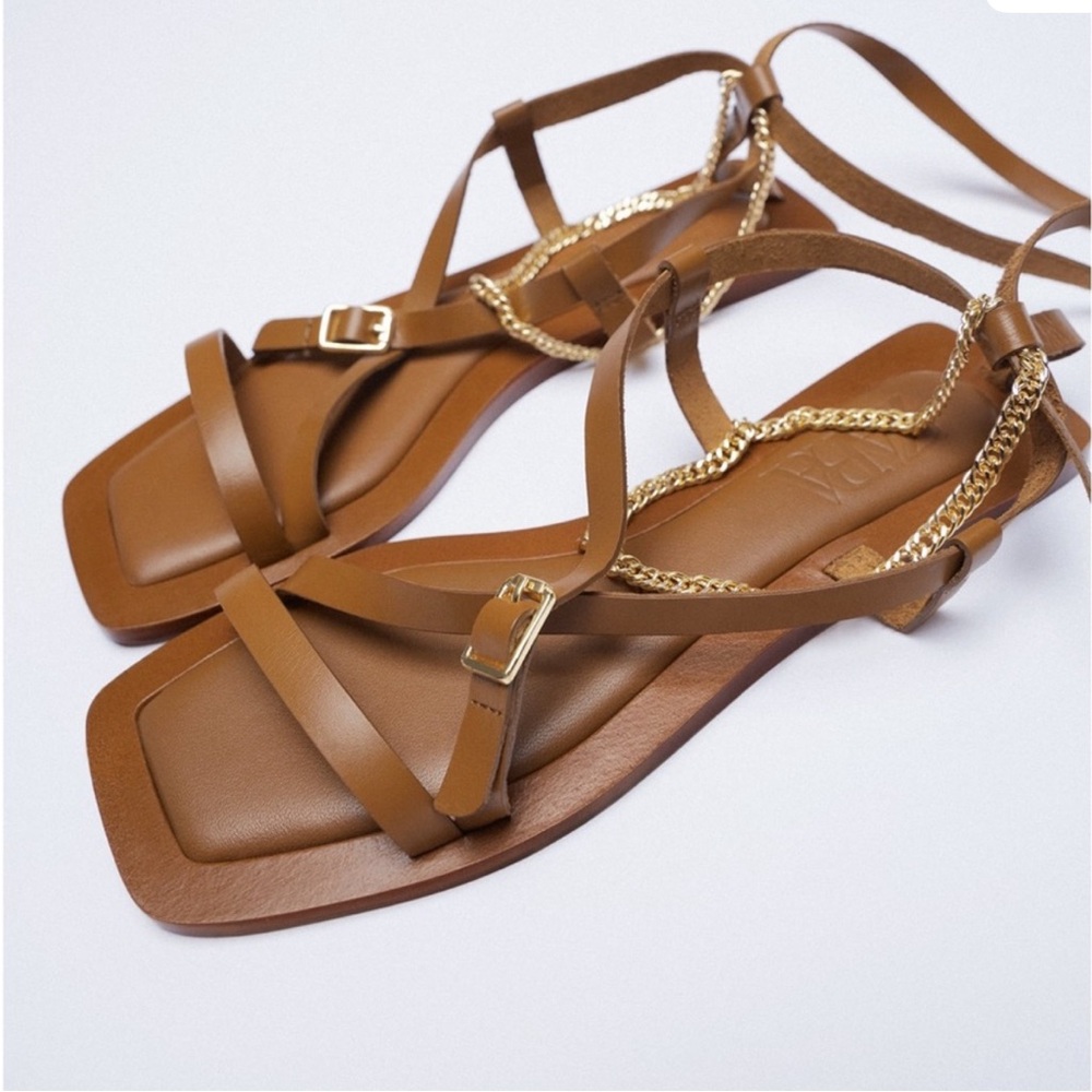 Zara Tan Leather Sandals with Gold Chains
